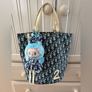 Vintage Dior Monogram Coated Canvas Trotter Tote with Blue and Cream Accents